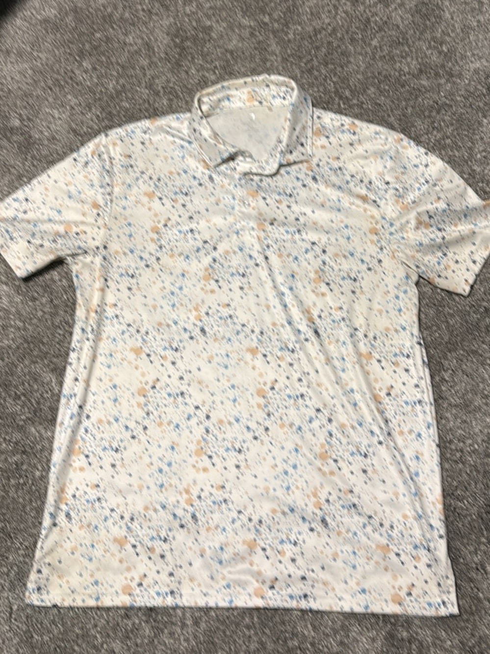 Men's Short Sleeve Golf Polo Shirt in White with Blue & Tan Speckle Print Large